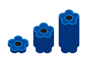 算数セットの花形おはじき。１、５、１０枚を積んだところ。青。