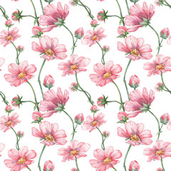 Seamless pattern with watercolor hand painted pink flowers