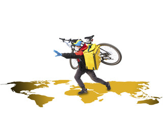 Home delivery, food purchase via the Internet. Deliveryman on bike arriving to any address worldwide on map with your order. Man hurrying up to delivery point with thermo bag. Courier service, safety.