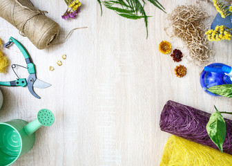 Floristry. Florist workplace. Copy space. Flower delivery. Training in a floristic school