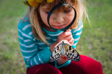 girl looking at butterfy, kids learning nature