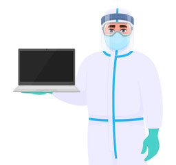 Doctor in safety protection suit uniform, mask, glasses and face shield showing laptop computer. Physician or surgeon holding PC notebook. Person wearing personal protective equipment dress (PPE).