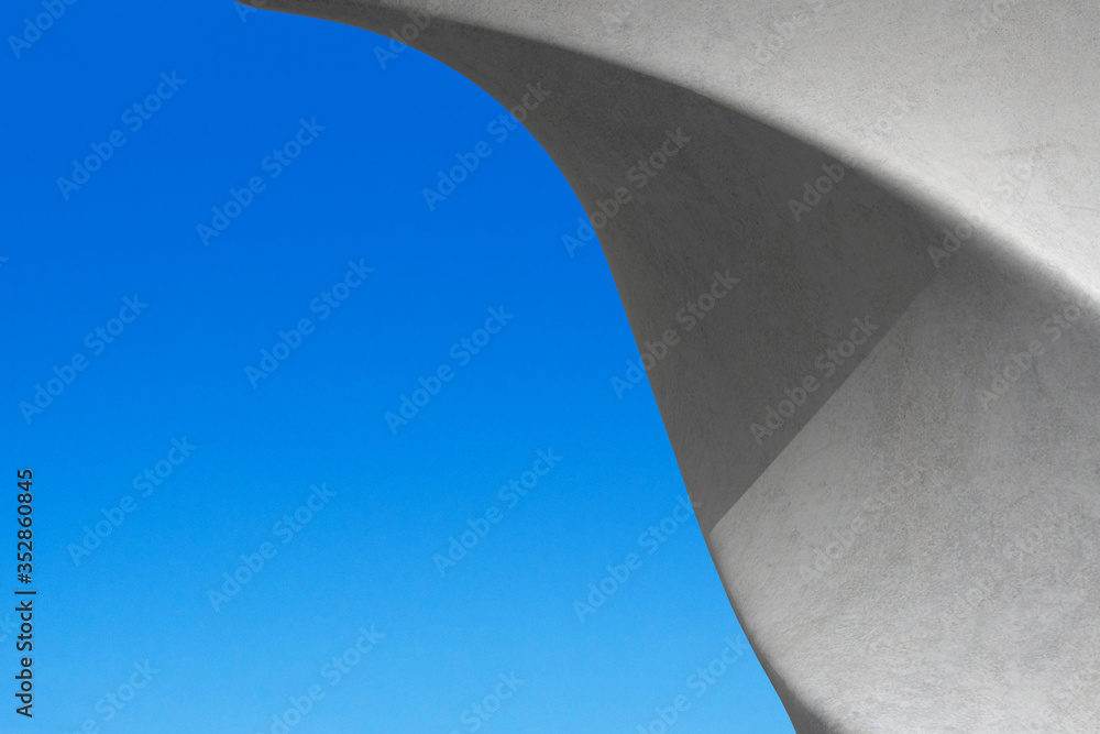 Poster Minimal style of architectural buildings details with curve and free form, Abstract object with shade and shadow on blue background. 3D rendering.