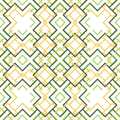 Seamless pattern texture background with geometric shapes, colored and rotated in different sizes in green, yellow colors.