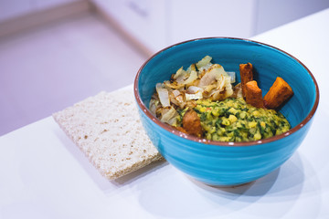 bowl of  lentils with delicious fried onions, carrot