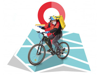 Fototapeta premium Home delivery, food purchase via the Internet. Deliveryman on bike arriving to any address worldwide on map with your order. Man hurrying up to delivery point with thermo bag. Courier service, safety.