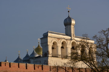 Fototapeta na wymiar Novgorod Kremlin. Veliky Novgorod. Belfry and domes of the cathedral. Spring view
