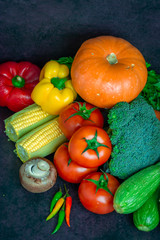 Close up photo of the vegetable such as pumpkin, mushrooms, zucchini, broccoli, tomato, eggplants, corn, onion, capsicum, chili, onion, parsley on the black background.