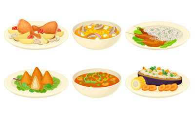 Dishes with Meat and Vegetables Served on Plate Vector Set