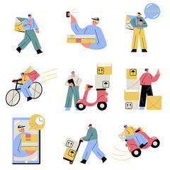 Fototapeta na wymiar Young men couriers working with orders delivery vector illustration