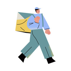 Young man courier delivering food in big box to clients