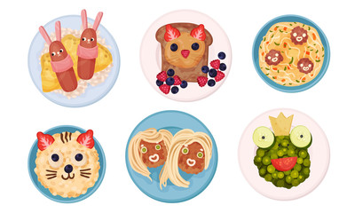 Breakfast Plating with Food Arranged in Childish Animal Shapes Vector Set