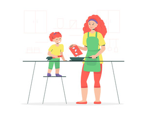 Happy family cooking food together in kitchen isolated on white background