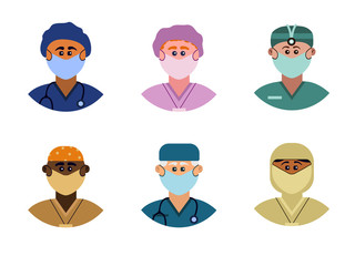 Various Doctors and nurses in mask and hat.