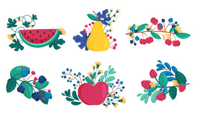 Stylized Garden Fruit and Berries with Leafy Branches Vector Set