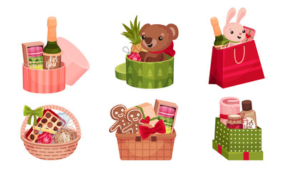 Open Carton Gift Box Full with Tasty Presents and Holiday Treats Vector Set