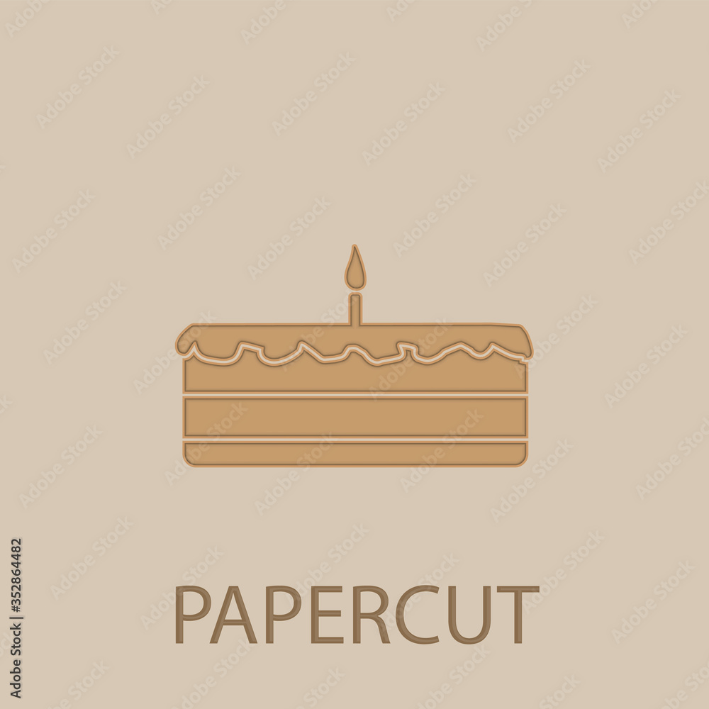 Poster cake with a candle papercut icon. simple glyph, flat vector of web icons for ui and ux, website or m