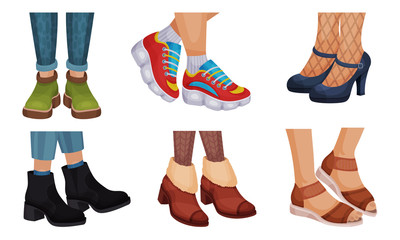 Legs in Different Footwear with High Heeled Shoes and Autumn Boots Vector Set