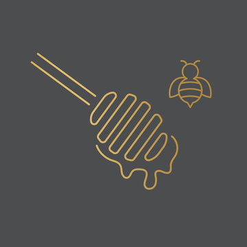 golden honey dripper and bee icon - vector illustration