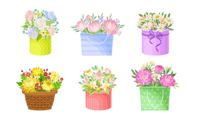 Flower Bouquets and Bunches Rested in Basket and Carton Gift Box Vector Set