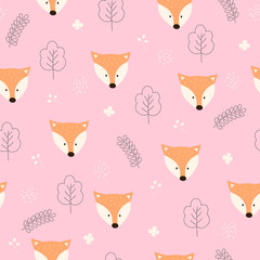 Seamless vector pattern of a Fox face in the forest on a pink background. Scandinavian style.