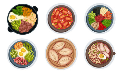 Asian Food with Noodle Soup and Bibimbap Dish Served with Vegetables Vector Set