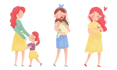 Happy Mothers Cuddling Their Kids Holding with Arms Vector Set