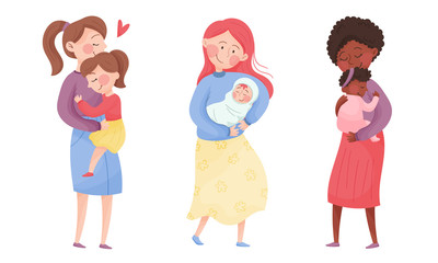 Happy Mothers Cuddling Their Kids Holding with Arms Vector Set