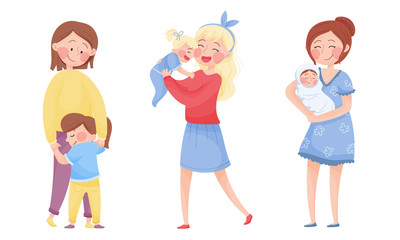 Happy Mothers Cuddling Their Kids Holding with Arms Vector Set