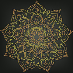 Gold mandala on black background. Ethnic vintage pattern