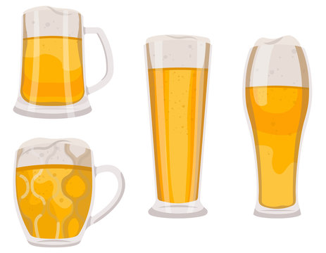 Set of beer glasses and mugs. Different objects in cartoon style.