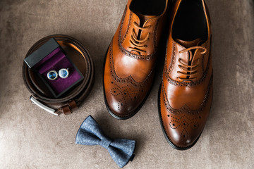 Brown men's shoes. Butterfly. Strap.