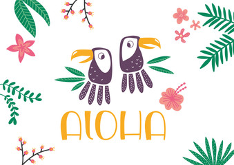 tropic vibes ALOHA toucan lettering with flowers and leaves 
