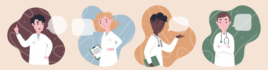 Health care workers team concept. Man and woman doctors characters standing, full body. Doctors in masks. Flat cartoon style vector illustration set for card, online site, banner ad and more  - 352868649