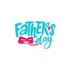 Happy Fathers Day lettering. Hand draw calligraphy vector illustration with graphic elements. Blue letters on white background with red butterfly tie