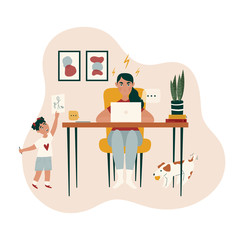Home office concept vector illustration. Woman sitting on the chair at the table. Work or study from home. Young mom. Pros and cons working from home.