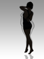 Conceptual fat overweight obese female vs slim fit healthy body after weight loss or diet with muscles thin young woman on gray. A fitness, nutrition or fatness obesity, health shape 3D illustration