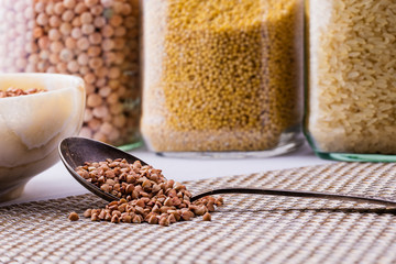 Raw dry buckwheat grain in a bowl with a spoon close-up.