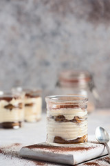 Classic tiramisu in a glass on a gray background. Poster copy space concept.