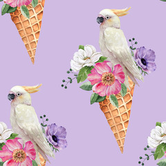 seamless pattern waffle cone with a bouquet of flowers and cockatoo bird, watercolor illustration © Lana