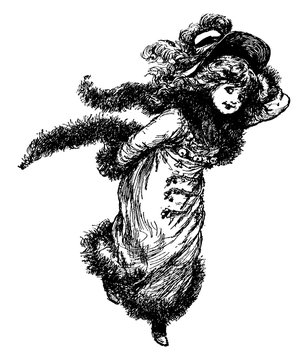 recommend clip art: Girl Wearing Fox Muffler, vintage illustration.