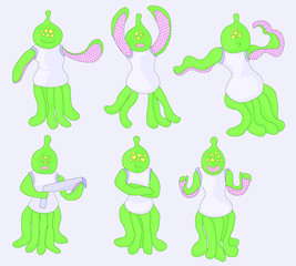 alien. set of poses of a fantastic character. funny alien, sad alien.