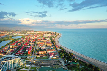Imeretinskiy district, Sochi, Russia. Aerial view of the Black sea coastline at sunset