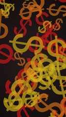 Multicolored translucent dollar signs on dark background. Orange tones. 3D illustration