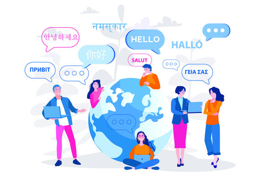 Young People Chatting In Foreign Languages. Vector Illustration For Web Banner, Infographics, Mobile. Male And Female Cartoon Characters Speaking Different Languages.