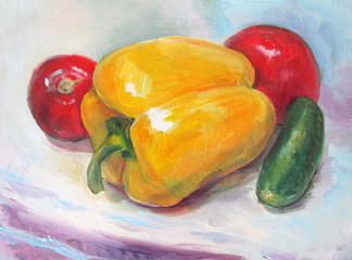 Yellow pepper, tomato and cucumber, oil painting