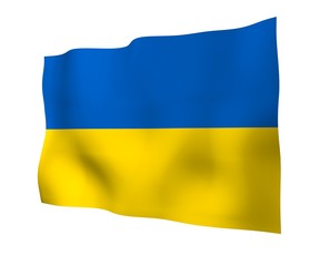 Obraz premium The flag of Ukraine on a white background. National flag and state ensign. Blue and yellow bicolour. 3D illustration waving flag