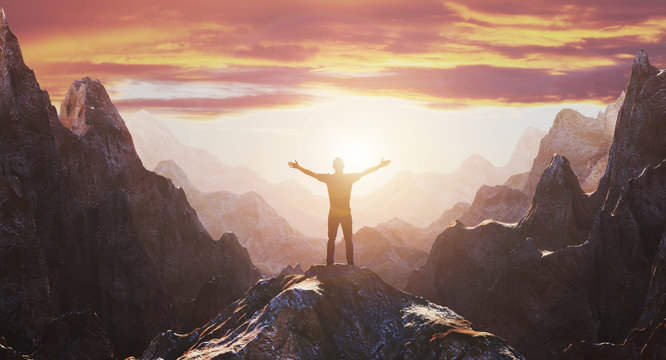 Silhouette of man on a peak of a mountain at sunset. 3d rendering