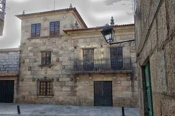 Stone facade of a large house in the Plaza de Cambados, Rias Bajas, Pontevedra, Galicia, Spain, Europe.