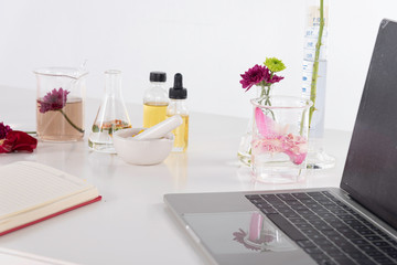 In laboratory,scientists teamwork with microscope,lab tubes,flask make test and research extraction science,chemistry and technology biology.